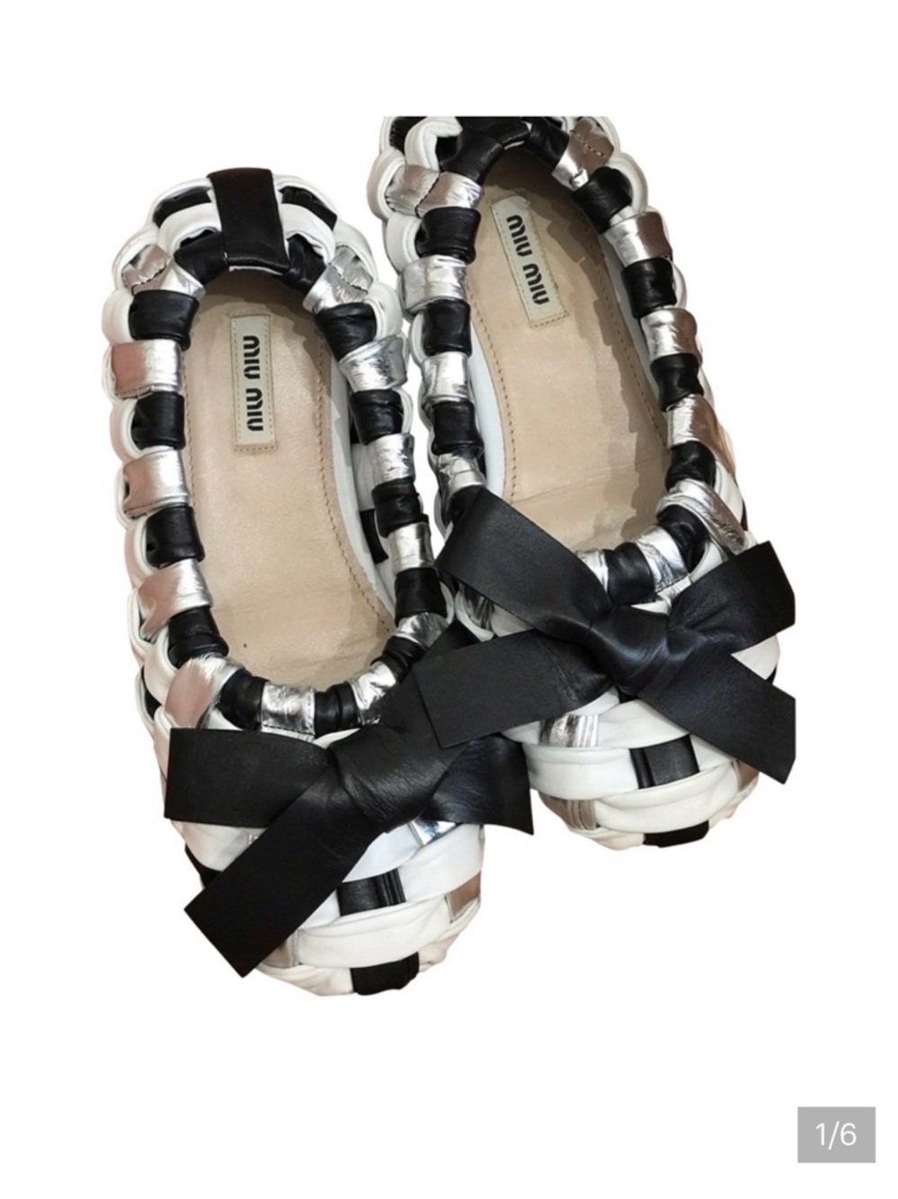 Miu Miu White, Black & Silver Braided Bow Ballet Flats